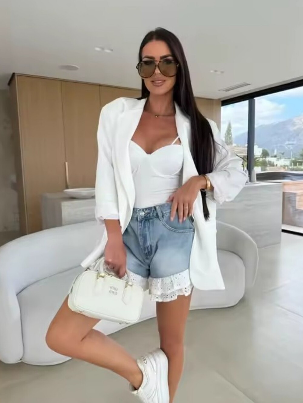 Shorts Denims Women Jeans Lace Stitching Straight Short Pants High Waist Washed - Picture 3 of 5